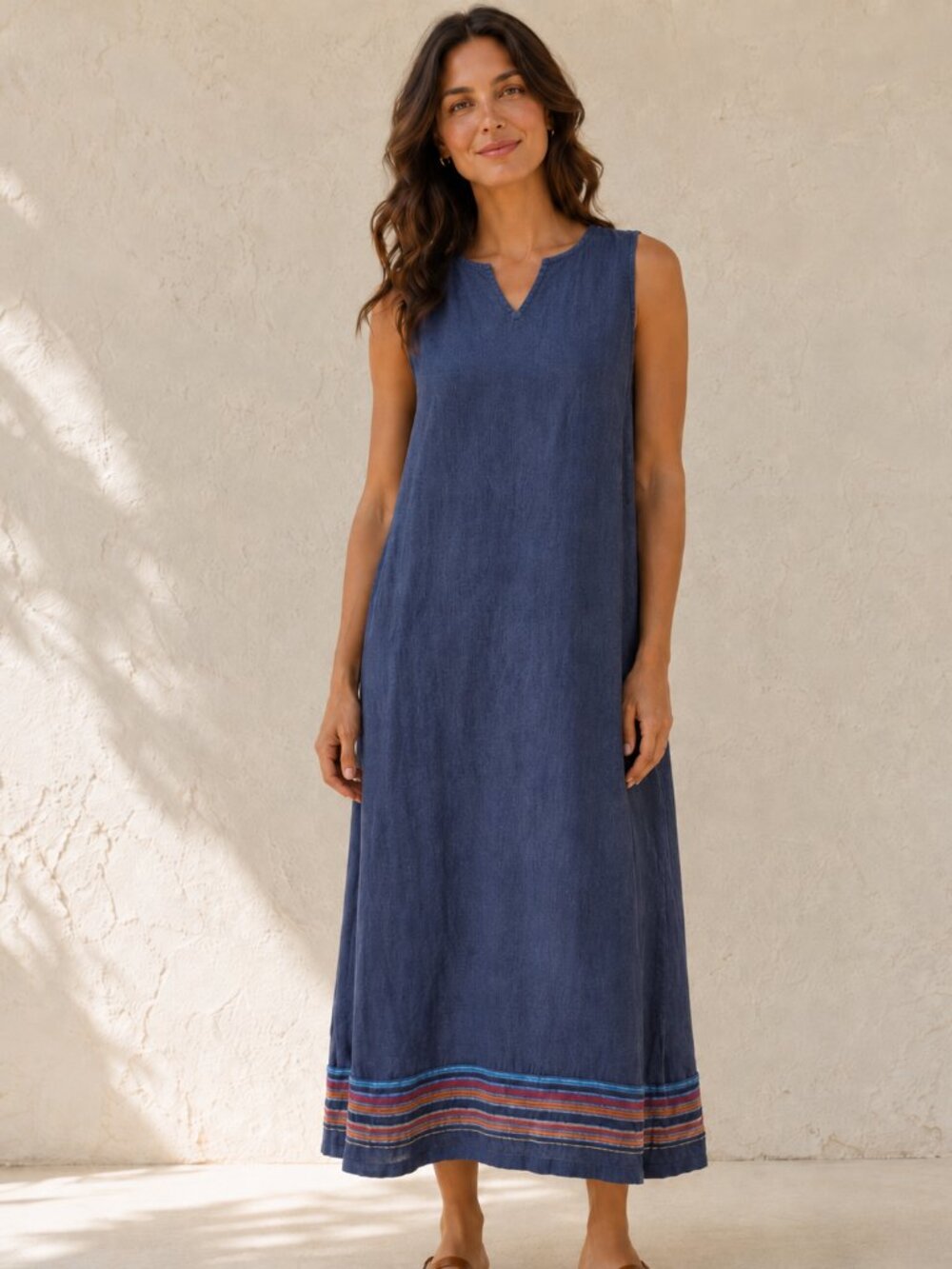 Parisian Works 100% Linen Indigo Midi Dress 1X Eclectic Striped Hem Sleeveless